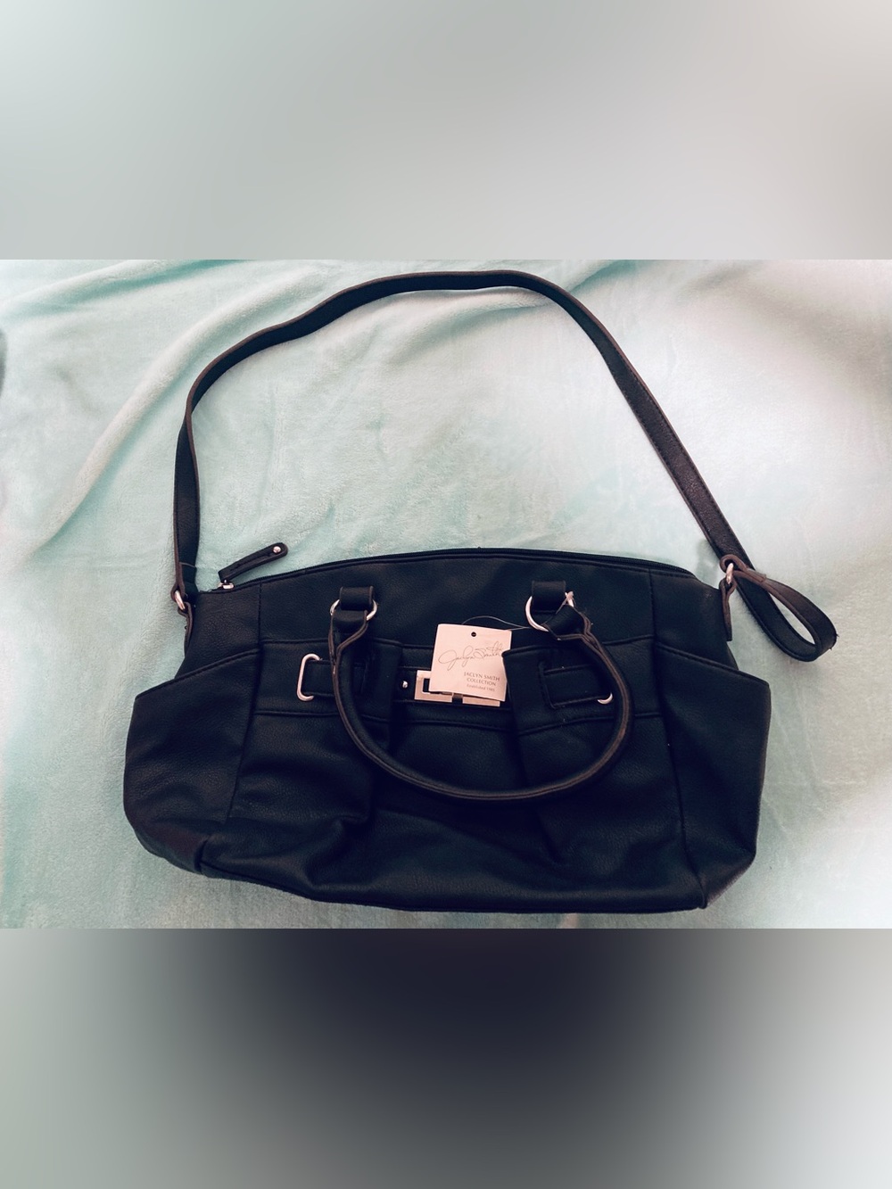 Jaclyn Smith NWT Y2K Black Faux Leather Tote Bag w/Silver Buckle Accents Vintage
